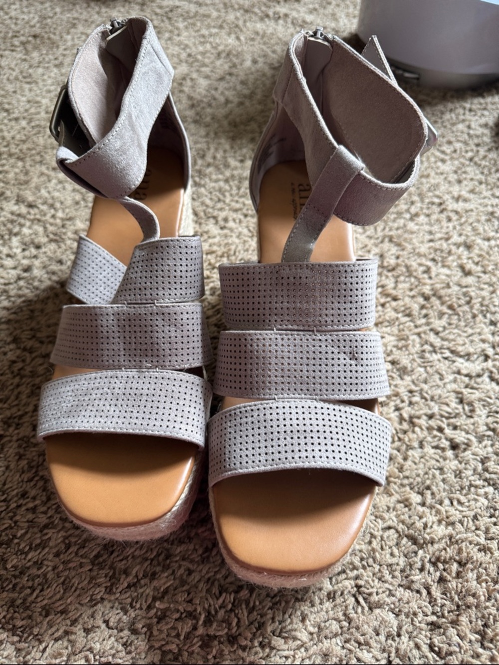 a.n.a Light Gray Perforated Ankle-Wrap Wedge Sandals